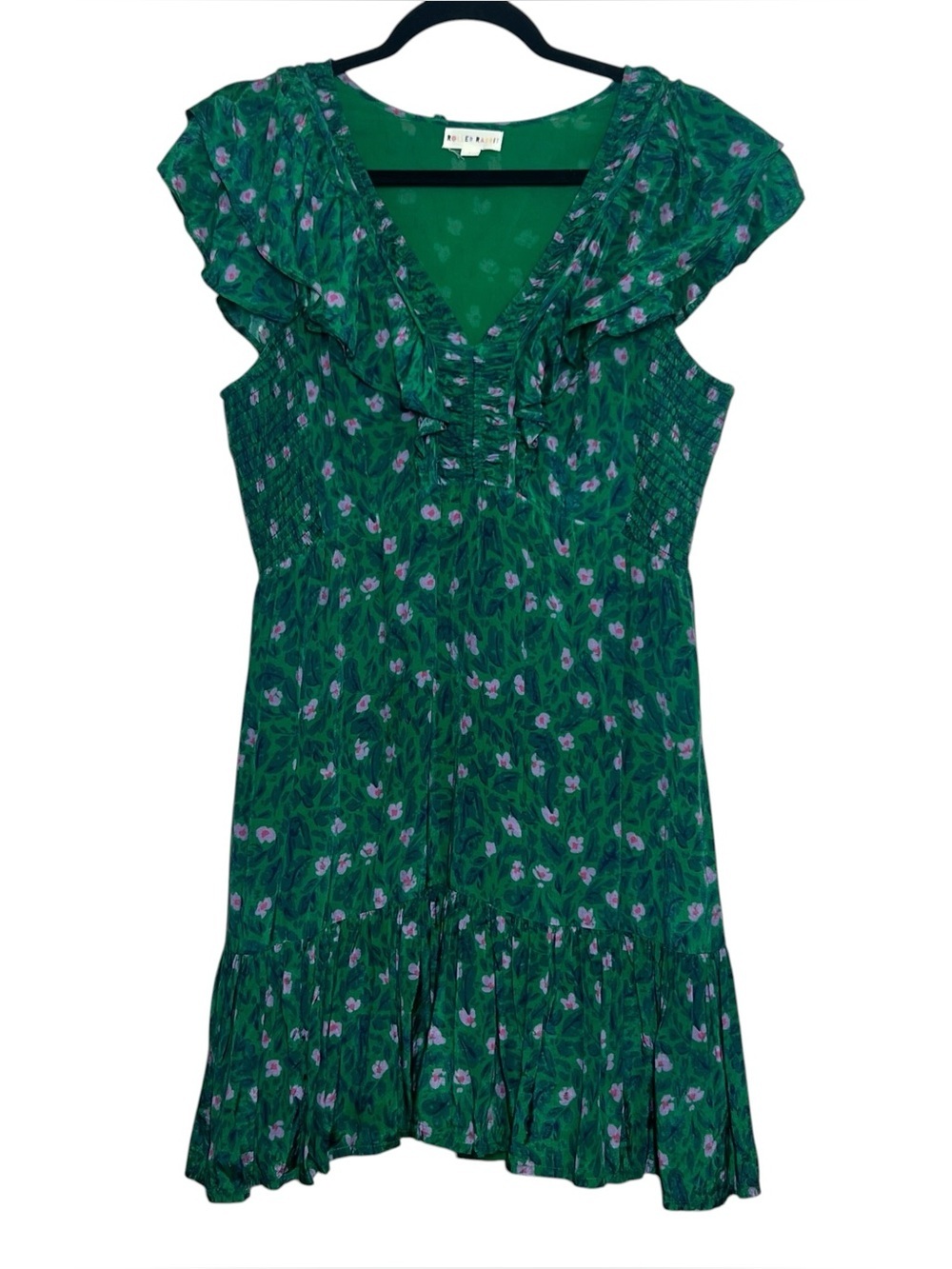 Roller Rabbit Dress Cerro Ondike Mini Green Pink Floral Womens Size Large